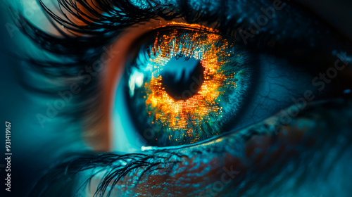 Intense macro shot of a blue eye, with a vivid explosion reflected, capturing themes of insight, awareness, and dramatic visual impact photo