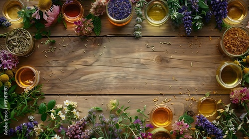 Botanical blends herbs essencial oils for naturopathy Natural remedy herbal medicine blends for bath and tea on wooden table background : Generative AI