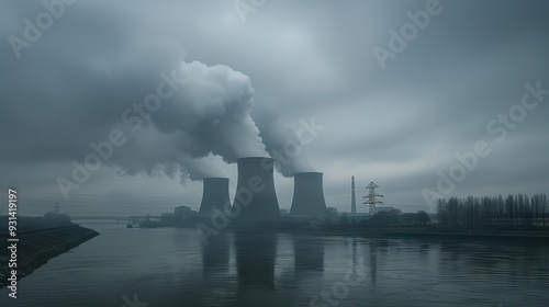 Nuclear power plant with cooling towers, safety protocols,