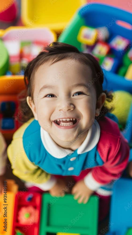Portrait of a happy, smiling preschool child in a colorful kindergarten setting, radiating joy and excitement in a playful environment. Portrait of a happy, smiling preschool child in a colorful kindergarten setting, radiating joy and excitement in a playful environment.