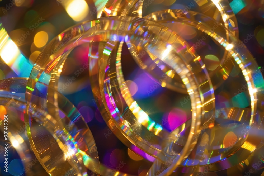 A set of interlocking holographic rings, creating an intricate pattern with shimmering effects. A set of interlocking holographic rings, creating an intricate pattern with shimmering effects.