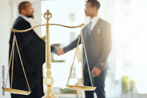 Handshake, legal and scale with judge meeting lawyer in chambers for agreement, deal or welcome. Balance, law and thank you with attorney people shaking hands for court case or trial settlement