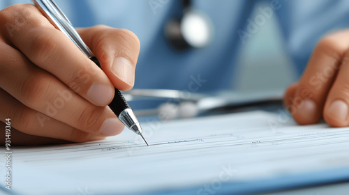 Close-up of doctor’s hand writing on medical chart banner, light grey background, copy space for text