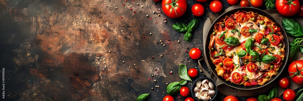 Homemade, Mouthwatering Deep Dish Pizza With Fresh Tomatoes, Herbs and Pepper, Top View. Copy Space Homemade, Mouthwatering Deep Dish Pizza With Fresh Tomatoes, Herbs and Pepper, Top View. Copy Space