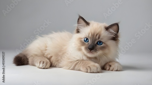 Ragdoll kitten colorpoint and blue eyes cat isolated on white background 