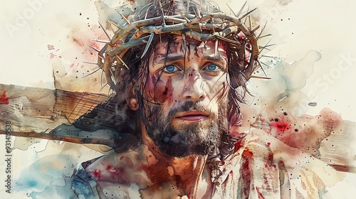 Abstract artwork featuring a figure adorned with a crown of thorns and a wooden cross, utilizing bold colors and dynamic strokes to represent suffering and redemption themes. photo