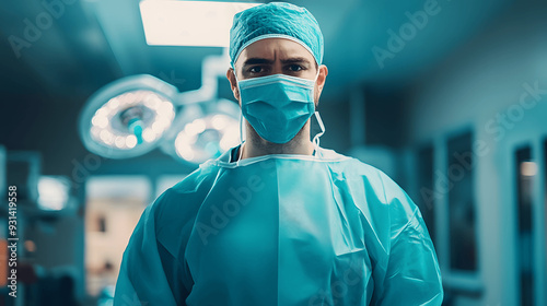Full-body view of surgeon in sterile gown and mask banner, operating room with soft lighting, ample space for text