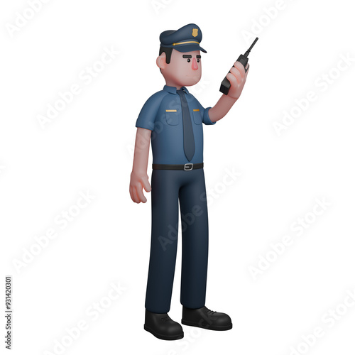 3D Male Police in Station. A policeman uses a walkie-talkie to coordinate or receive information. Cartoon Illustration