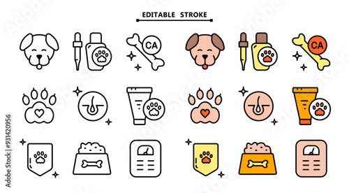 Pets vitamins icons set. Editable stroke. Different types of dogs medicine, vitamins and supplements