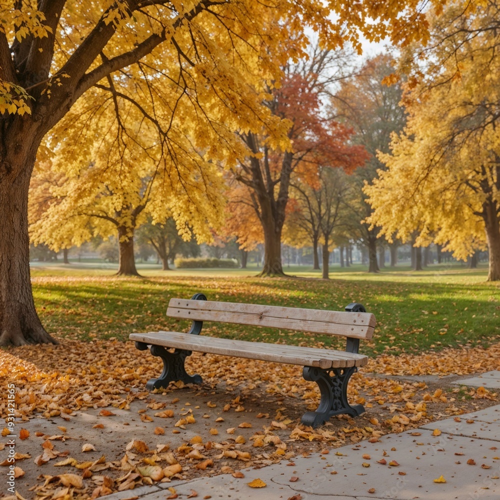 Autumn park scene with an empty bench and yellow leaves, perfect for nostalgia and tranquility themes. Autumn park scene with an empty bench and yellow leaves, perfect for nostalgia and tranquility themes.