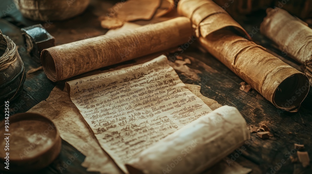 A historical scene featuring ancient scrolls and manuscripts made of parchment paper. The design emphasizes the importance of paper in preserving and recording historical information A historical scene featuring ancient scrolls and manuscripts made of parchment paper. The design emphasizes the importance of paper in preserving and recording historical information