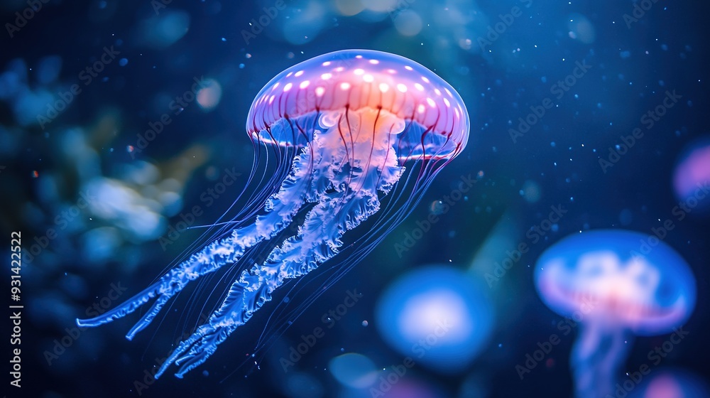 Fototapeta premium A vibrant jellyfish gracefully swims among colorful coral reefs in a serene ocean setting