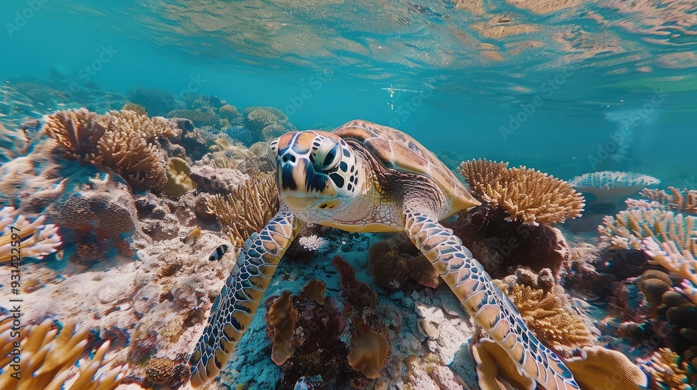 Obraz premium Sea Turtle Swimming Through Coral Reef