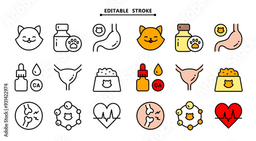 Pets vitamins icons set. Editable stroke. Different types of cats medicine, vitamins and supplements. Vector icons for ui and ux, website or mobile application