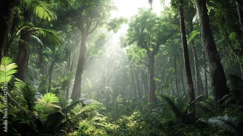 A lush jungle forest with towering trees and dense foliage. The vibrant greens and the sounds of exotic wildlife create a rich and immersive tropical environment.