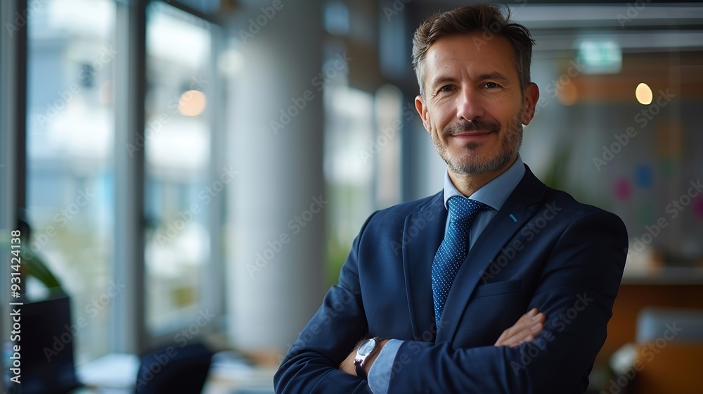 Portrait of successful businessman inside office in business suit man with crossed arms smiling and looking at camera experienced financier boss near window investor : Generative AI