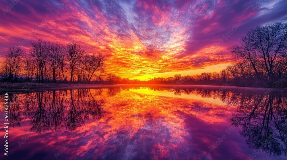 A mesmerizing sky with a vibrant mix of sunset colors reflecting on a tranquil lake. A mesmerizing sky with a vibrant mix of sunset colors reflecting on a tranquil lake.