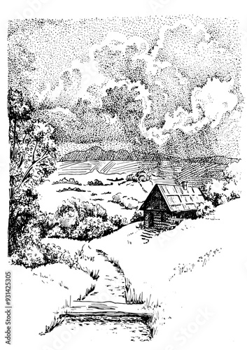 Panorama of countryside landscape with river. Pen sketch converted to vector drawing
