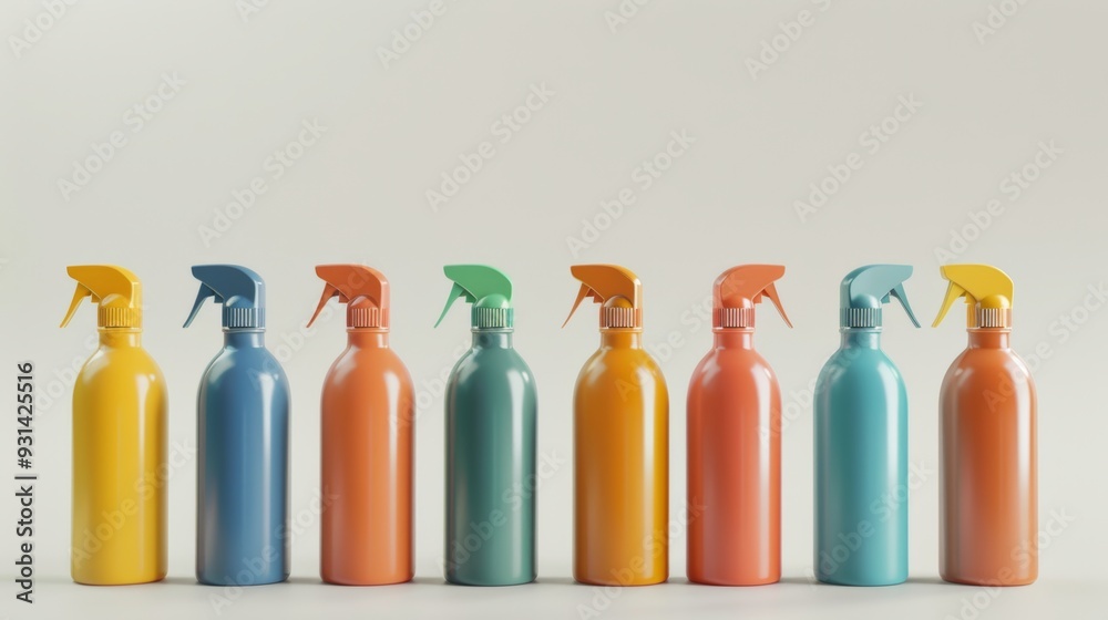 Photo of a spray bottle with a colored cap. 3D rendering.