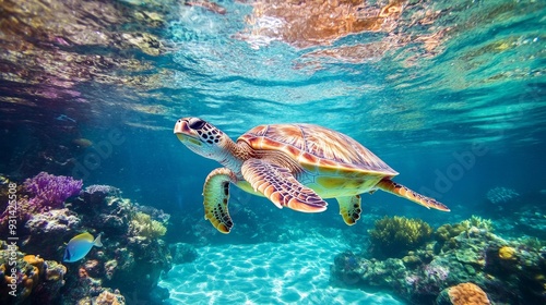 A mesmerizing underwater scene with a sea turtle gliding gracefully through crystal-clear water.