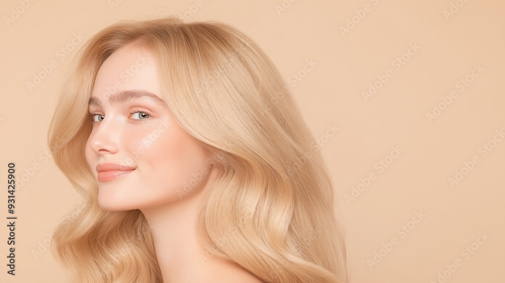 Elegant side profile of a young woman with wavy blonde hair against a soft beige background. Elegant side profile of a young woman with wavy blonde hair against a soft beige background.
