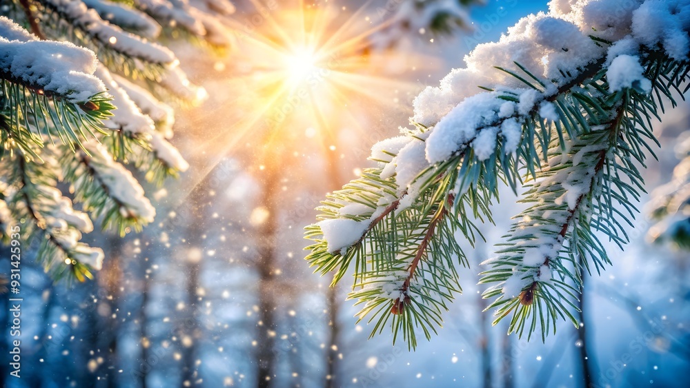 Snow covered pine tree branch with sunlight shining through and snowflakes , winter, nature, snowy, cold, pine tree, branch Snow covered pine tree branch with sunlight shining through and snowflakes , winter, nature, snowy, cold, pine tree, branch