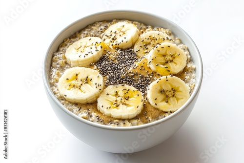 Showcase a bowl of whole grain oats with sliced bananas, a drizzle of almond butter, and a sprinkle of chia seeds, all against a white background.