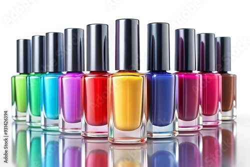 Set of colorful nail polish bottles on white background, 4K hyperrealistic photo