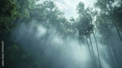 A misty morning forest with fog drifting through the trees. The ethereal mist softens the edges of the towering trees and creates a mystical, otherworldly atmosphere