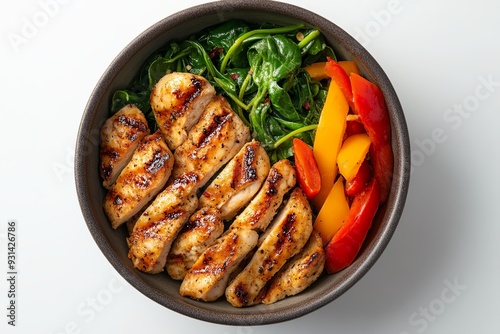 Arrange a bowl of grilled chicken strips with a side of sautéed spinach and bell peppers, all against a pristine white backdrop. photo