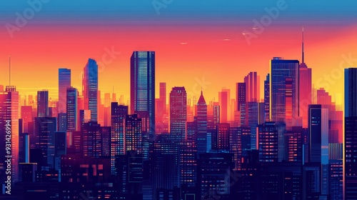 A modern vector graphic of a city skyline at dusk, with clean lines and bold colors. The design features skyscrapers with intricate details and a vibrant sunset background.