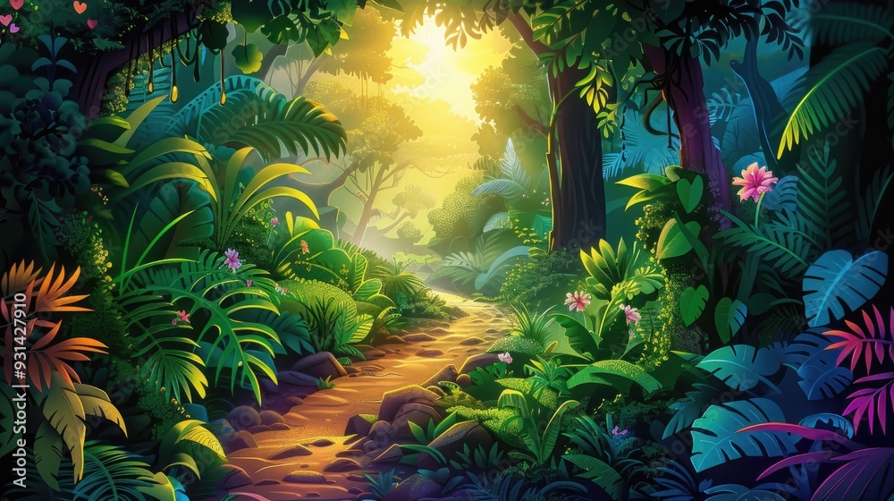 Obraz premium Sunlit Path Through a Lush Tropical Jungle