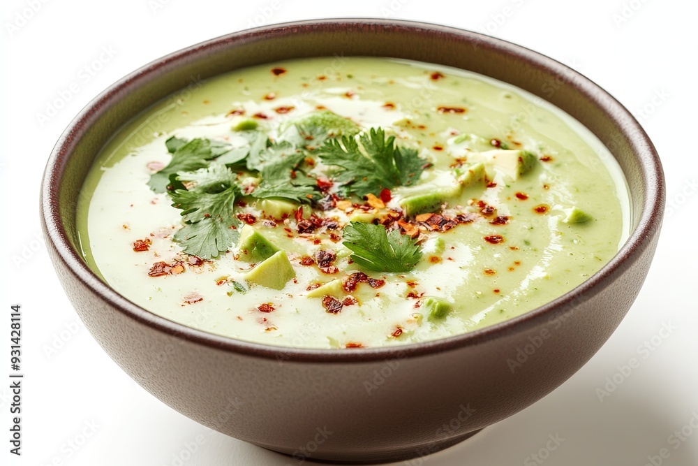 Photograph a bowl of creamy avocado soup with a sprinkle of chili flakes and cilantro, against a white background. Photograph a bowl of creamy avocado soup with a sprinkle of chili flakes and cilantro, against a white background.