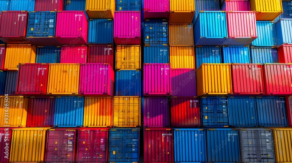 Fototapeta premium Stacked container boxes on a cargo ship, top view.