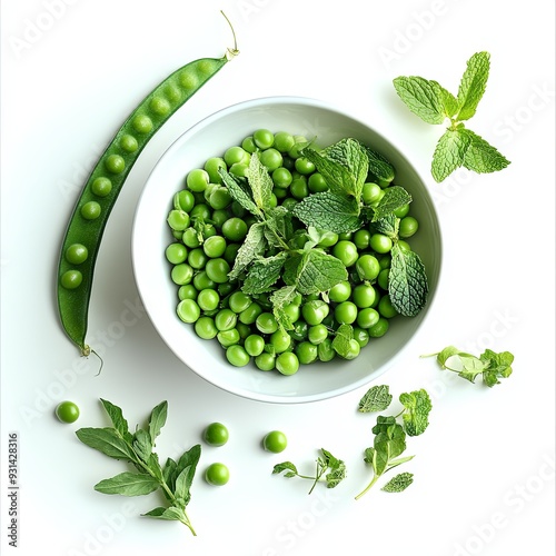 Create an image of a bowl of fresh garden peas and mint, elegantly arranged on a clean white background. photo