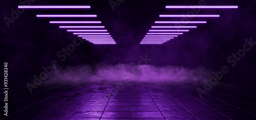 Fototapeta Naklejka Na Ścianę i Meble -  Black background. Smoke or fog on dark wet tile background. Garage or hangar with purple neon light. Cement floor with fog and smoke. Dark street with fog or smoke. 3D rendering.