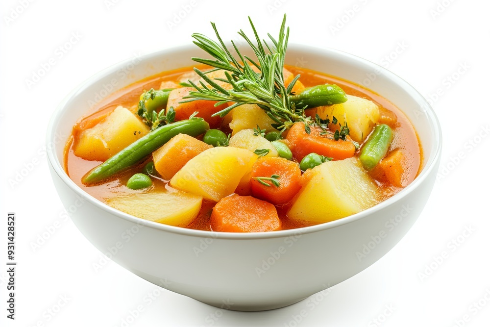 Design a bowl of hearty vegetable stew with potatoes, carrots, and green beans, set against a pristine white background. Design a bowl of hearty vegetable stew with potatoes, carrots, and green beans, set against a pristine white background.