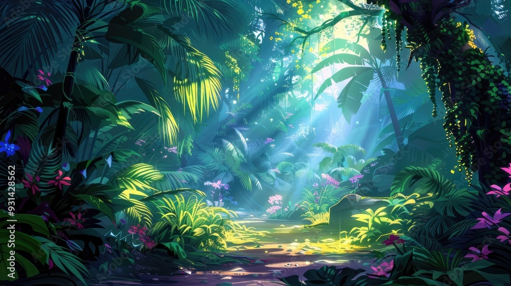 Obraz premium A Path Through a Lush, Sun-Dappled Tropical Forest