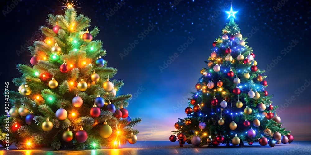 Christmas tree illuminated at night with colorful lights and ornaments ...