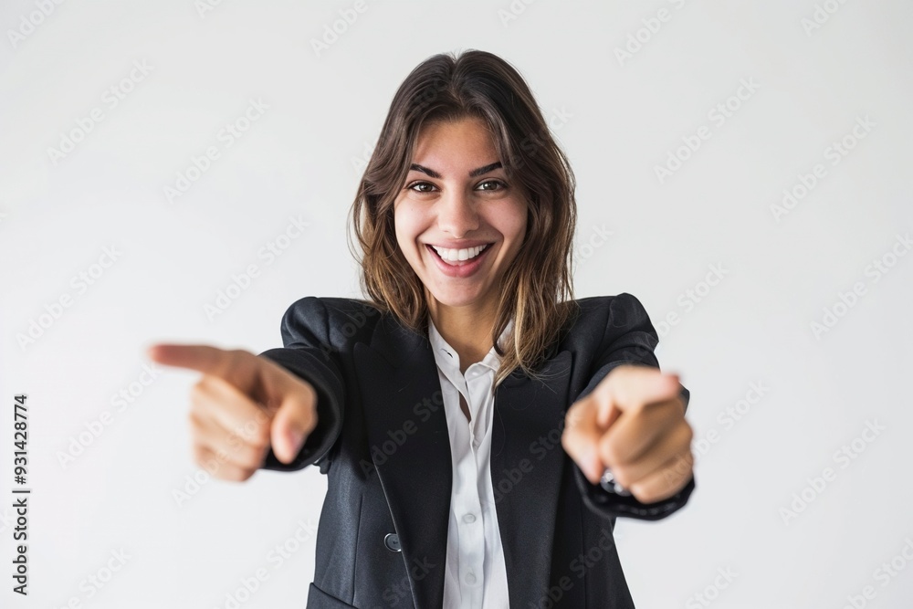 Happy woman and portrait pointing at you for business recruitment on a white background. ,generative ai Happy woman and portrait pointing at you for business recruitment on a white background. ,generative ai