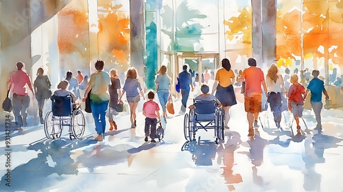 People Walking in the City, Watercolor Painting.