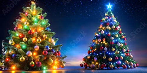 Christmas tree illuminated at night with colorful lights and ornaments, Christmas, tree, night, illuminated, lights