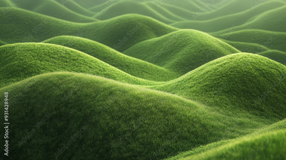 A rolling hillside covered in dense, green grass. The gentle undulations of the terrain A rolling hillside covered in dense, green grass. The gentle undulations of the terrain