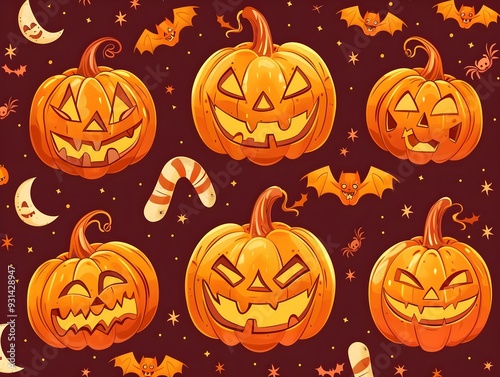 Captivating Cartoon Pumpkins in a Seamless Halloween Themed Pattern for Festive Backgrounds and Designs