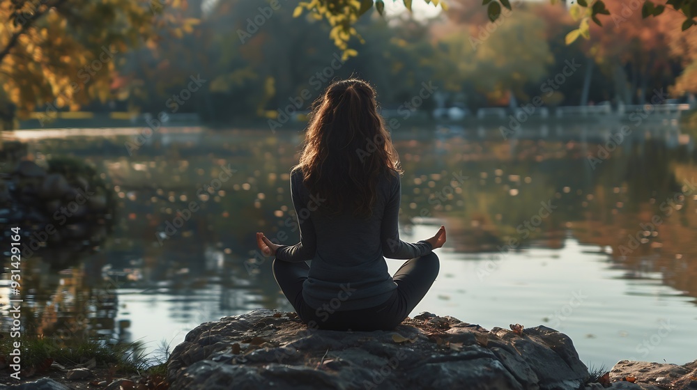 Back view shot of girl meditating sitting on a rock in the park near a lake : Generative AI Back view shot of girl meditating sitting on a rock in the park near a lake : Generative AI
