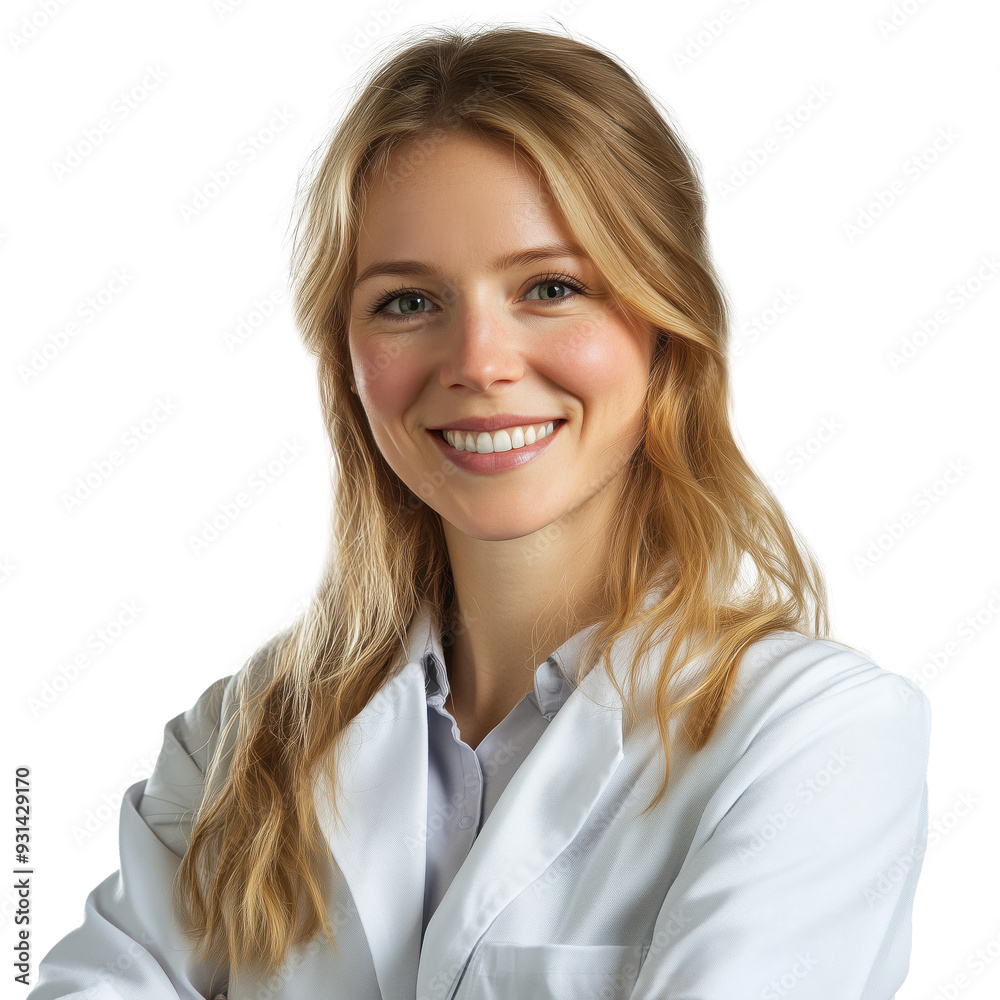 Scientist surgeon physician doctor pharmacist chemist forensic blonde hair young Caucasian female smile transparent background