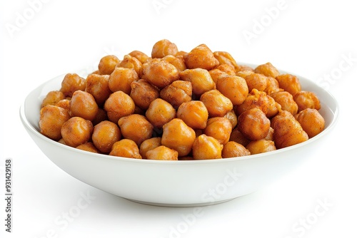 Design a bowl of roasted chickpeas with a blend of spices, elegantly placed on a pristine white background. photo