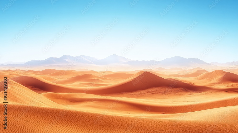 A panoramic view of a vast desert landscape with rolling sand dunes stretching as far as the eye can see. The warm colors of the sand contrast beautifully with the clear blue sky, creating a dramatic A panoramic view of a vast desert landscape with rolling sand dunes stretching as far as the eye can see. The warm colors of the sand contrast beautifully with the clear blue sky, creating a dramatic