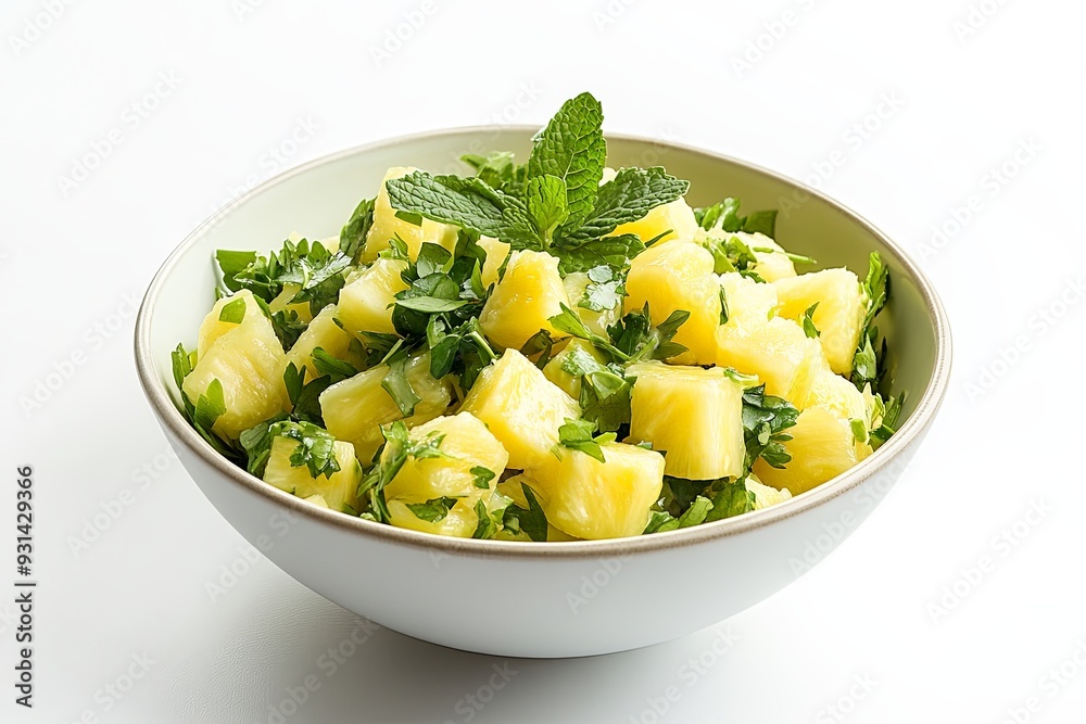 Photograph a bowl of fresh pineapple and mint salad with a light lime dressing, set against a pure white backdrop. Photograph a bowl of fresh pineapple and mint salad with a light lime dressing, set against a pure white backdrop.