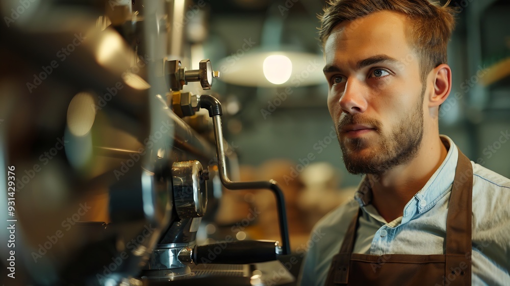 Naklejka premium Handsome young man in apron looking at professional coffee roasting equipment while standing by control panel : Generative AI
